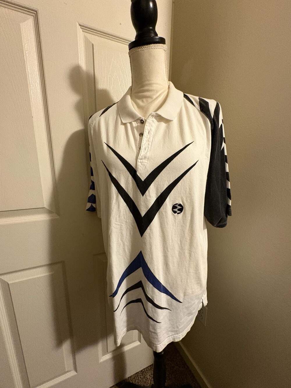 Vintage Geometric Polo Shirt White Black Blue